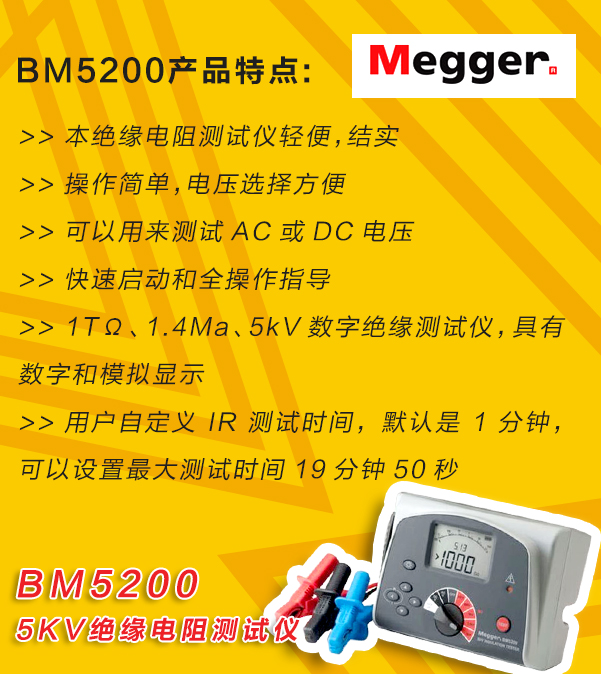 MEGGER,<a href='http://m.yspmgs.com/tongyi.html'>絕緣電阻</a>測試儀,BM5200